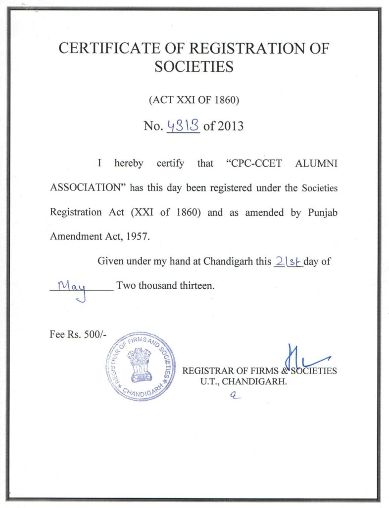 CPC-CCET-Alumni Association Registration Certificate